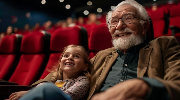 Elderly man and young girl watching a play in theater