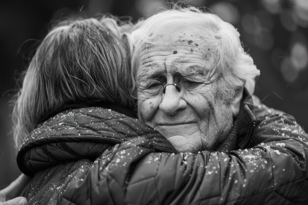 Elderly Man39s Contented Embrace in Snow A black and white photo of an elderly man closing his eyes