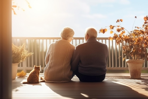 An elderly married couple looking out at the world from the veranda of their house with their pet c