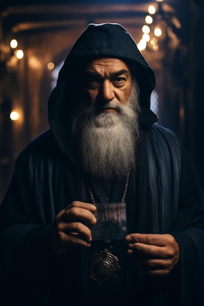 Пожилой средневековый мужчина держит деловую визитку с креативным дизайном фотосессии