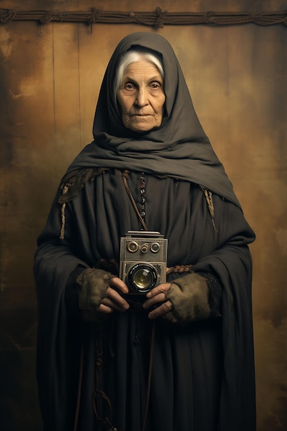 An Elderly Medieval Woman Holding a Busi Business Card With Creative Photoshoot Design