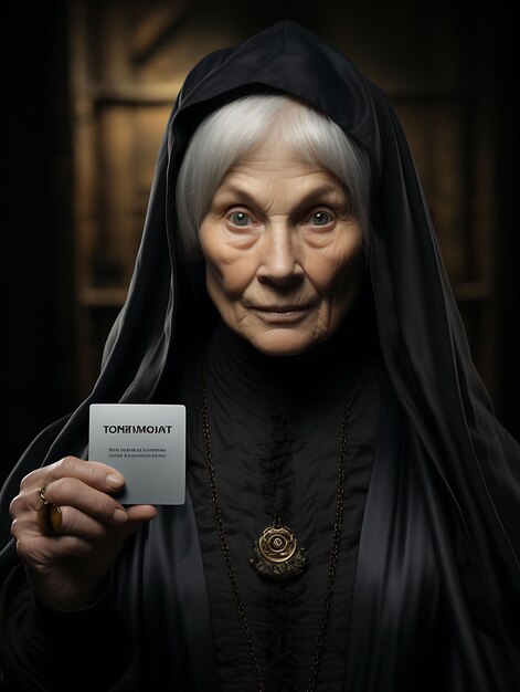 An Elderly Medieval Woman Holding a Busi Business Card With Creative Photoshoot Design