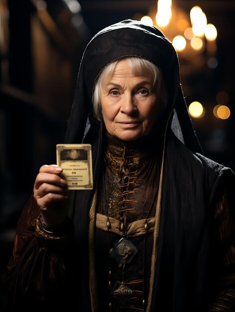 An Elderly Medieval Woman Holding a Busi Business Card With Creative Photoshoot Design