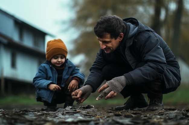 Elderly men and boy find fish on dry ground