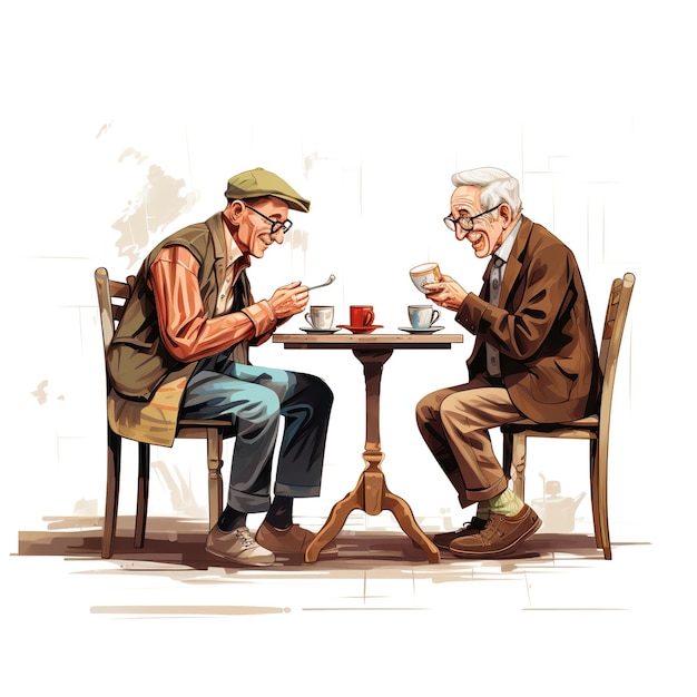 Пожилые мужчины пьют кофе и сидят за столом в кафе на белом фоне