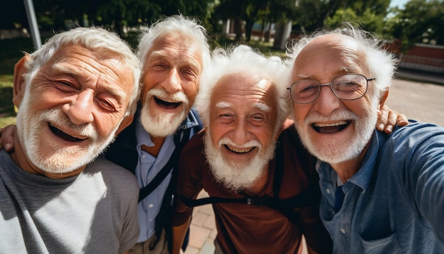 Photo elderly men having fun taking a selfie with friends