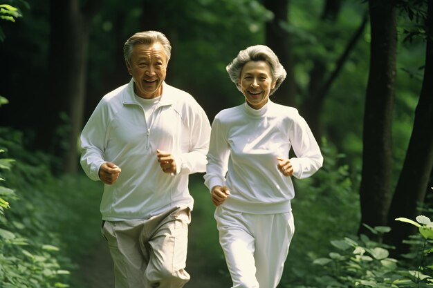 Photo elderly middle aged couple is jogging together in the park in morning