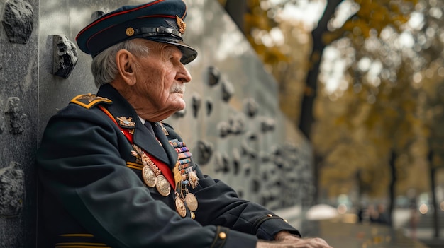 Фото Пожилой военный ветеран в форме с медалями размышляет на военном мемориале осенью