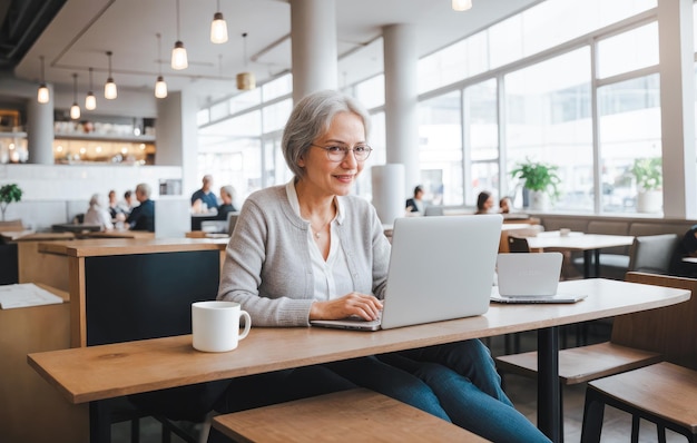 Photo elderly modern woman with grey hair and glasses working for laptop in coffee shop mature woman at coffee shop use of modern technologies by older people generative ai