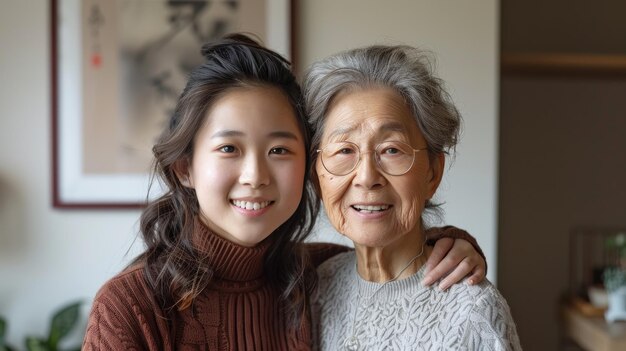 写真 年配の母と娘が抱きしめ合っている