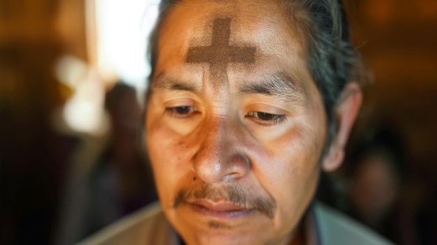 Elderly multiracial man with an ashen cross on her forehead Ash wednesday