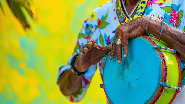 an elderly musician plays a traditional african drum