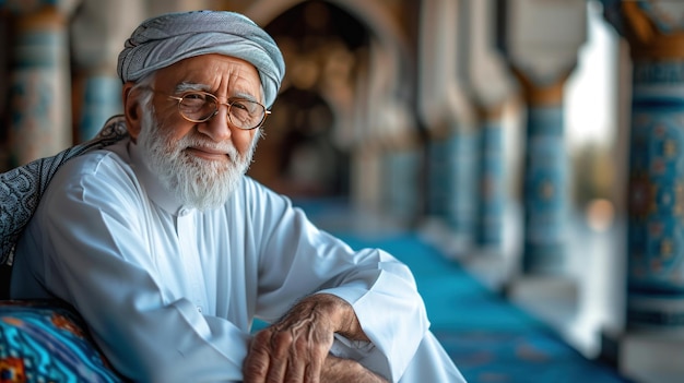 Photo elderly muslim man sitting and smiling