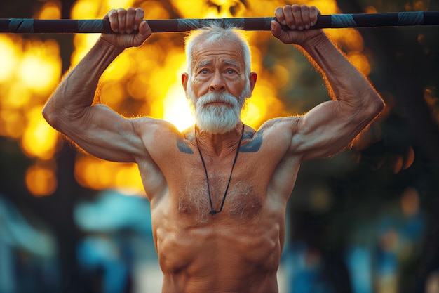 elderly old athletic male athlete shirtless pullup on horizontal bars on outdoor sports field in summer