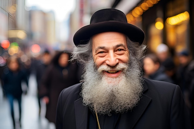 한 노인 의 정교회 유대인 남자 가 도시 거리 를 걸어가면서 따뜻 한 미소 를 짓고 있다