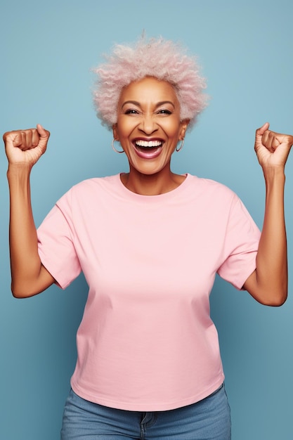 Elderly overjoyed excited fun cool african american woman 50s years old she wears pink undershirt
