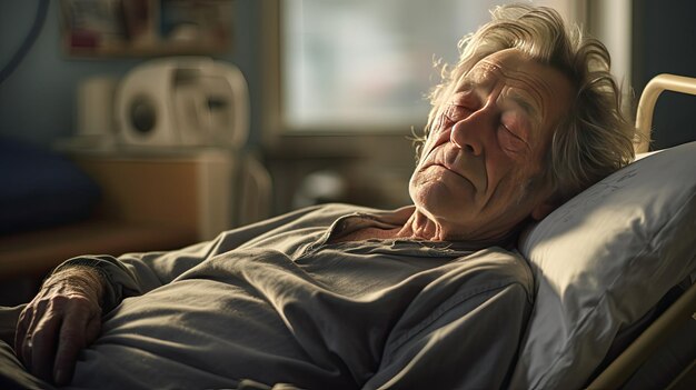 An elderly patient rests on a bed in a hospital ward Generative Ai