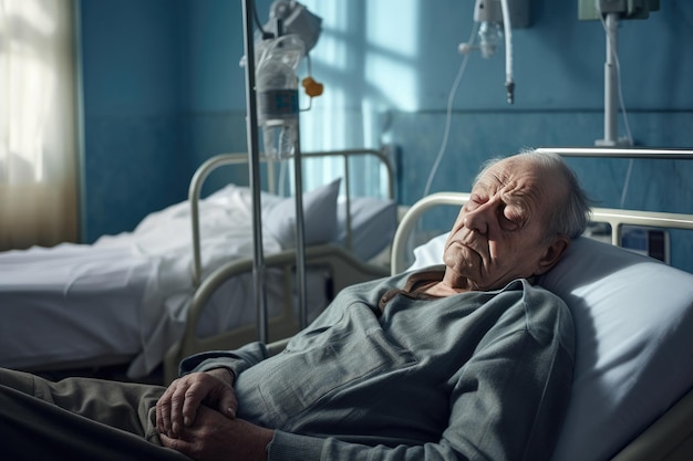 Elderly patient sleeping on bed in hospital ward Man in rehabilitation Hospital room Generative ai