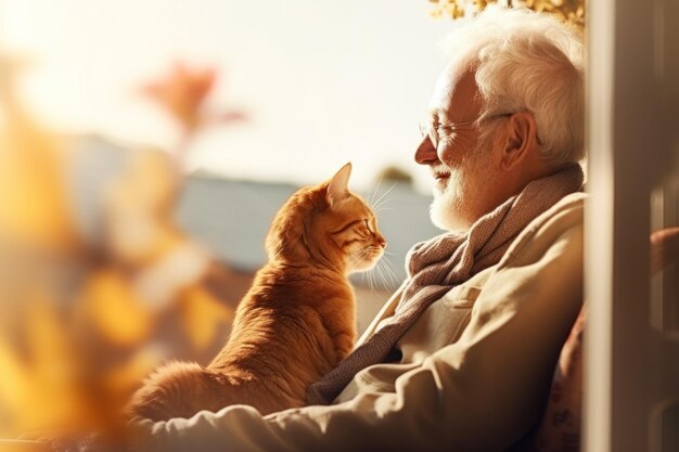 An elderly pensioner on a clear fall afternoon with his pet kitten