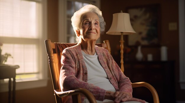 Elderly pensioner woman sits and relaxes in a chair at home Holiday concept happy retirement