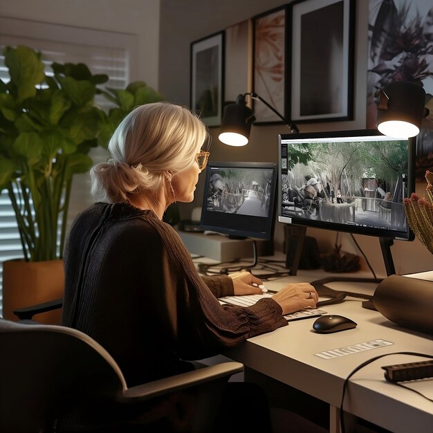 An elderly pensioner works at home on a computer