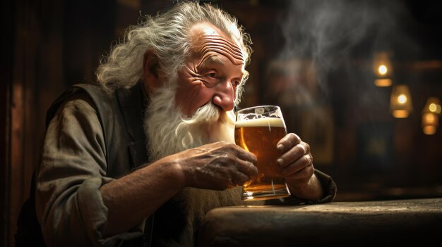 Photo elderly people drinking beer in beer barrels