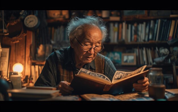 Photo elderly people reading in cozy home library