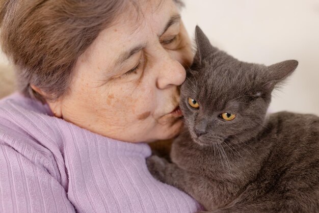 高齢者が猫の世話をして家で楽しむ