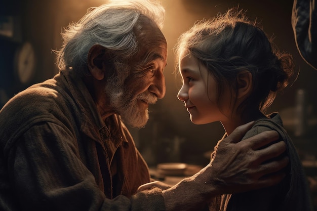 An elderly person and a child exchanging a heartfelt moment Created with generative AI technology