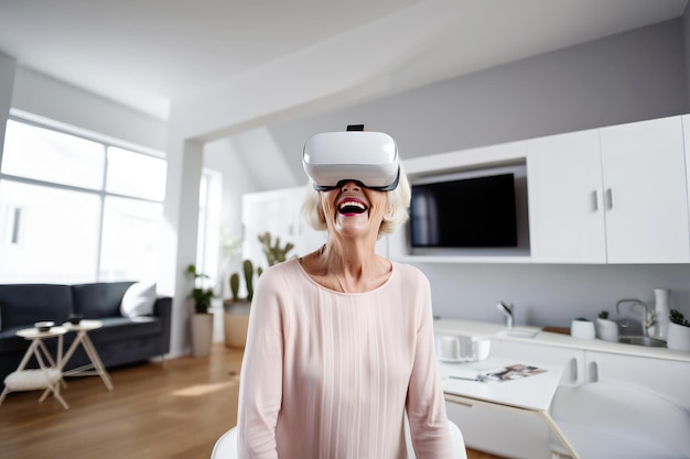 An elderly person enjoys modern technology virtual reality for a senior woman