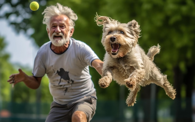 Пожилой человек играет со щенком в парке