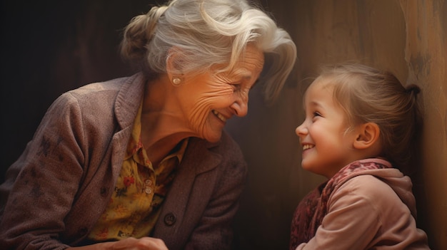 Фото Пожилой человек с знающей улыбкой с девушкой, глядящей в глаза лицом к лицу