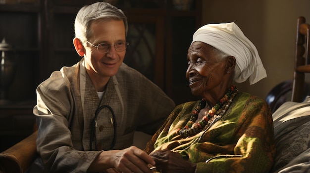 Photo elderly physician conducts abdominal exam on african patient