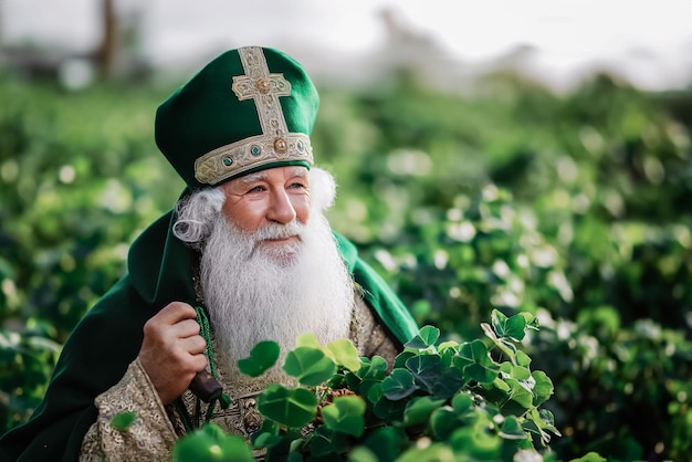 Foto vecchio prete in abito verde in un lussureggiante campo di trifoglio il giorno di san patrizio