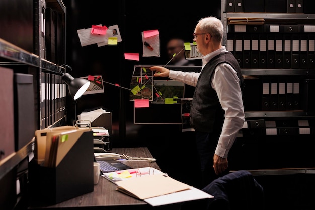 Elderly private detective checking federal investigation files, working overtime at criminal case in arhive room. Senior police officer analyzing crime scene evidence, looking at suspect report