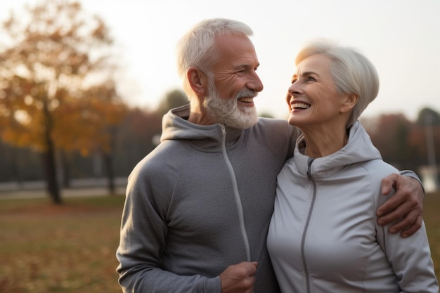 Photo elderly retired couple in sportswear hug laughing walking outdoors love wellness generative ai