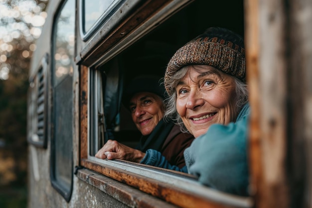 Photo elderly retired couple traveling in a train