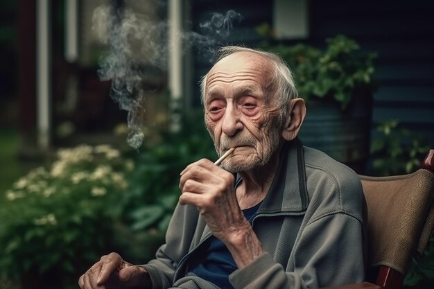 Elderly retired man smokes a cigarette on retirement in chair on porch of house in village Generative AI