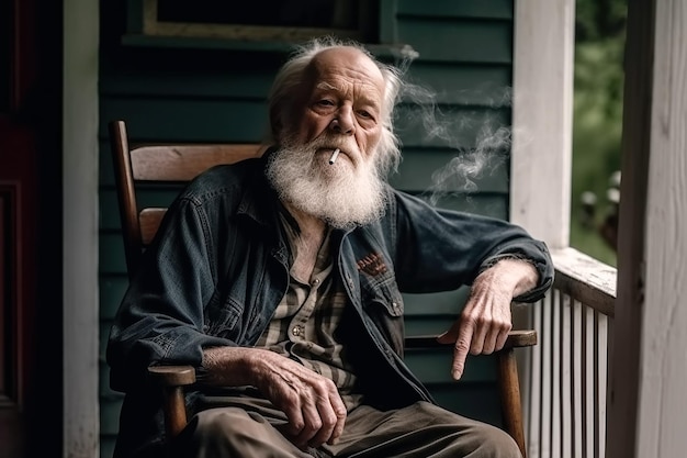 Elderly retired man smokes a cigarette on retirement in chair on porch of house in village Generative AI