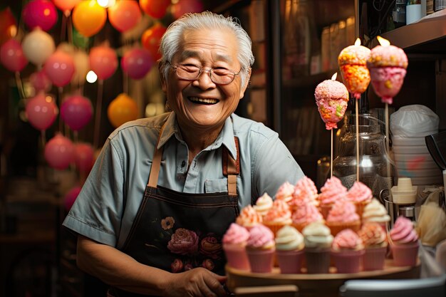 Elderly revives youth in the childhood ice cream shop generative IA