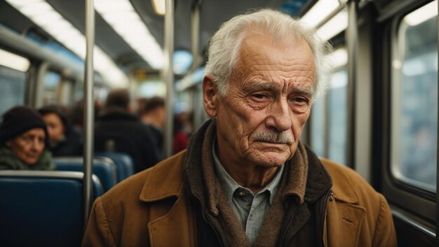 Elderly sad european man in public transport