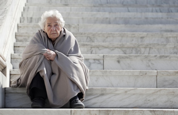 階段で乞食をしている高齢の悲しい女性 絶望の概念 施しと孤独な高齢者の問題