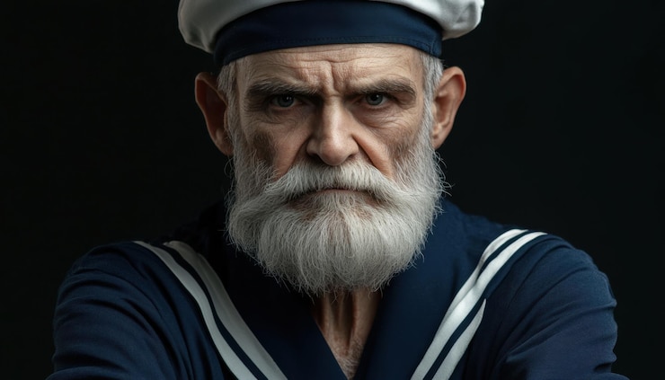 Photo elderly sailor in traditional navy uniform poses seriously against a dark background