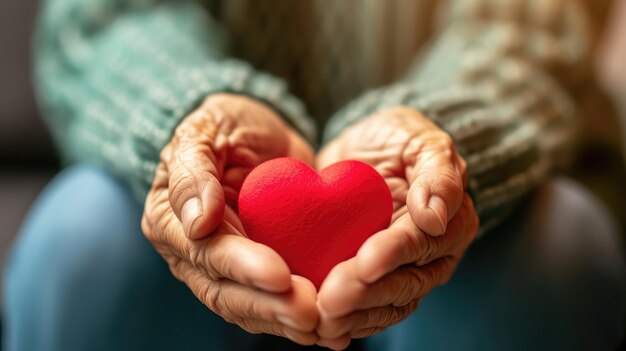 Elderly senior person or grandparent39s hands with red heart in support of nursing family caregiver for national hospice palliative care and family caregivers month concept