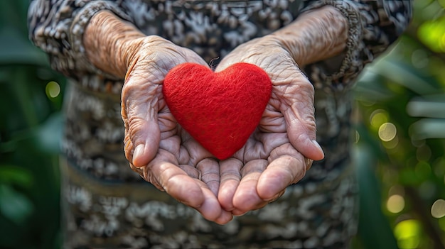 Elderly senior person or grandparents hands with red heart in support of nursing family