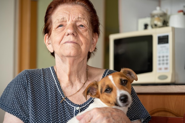 年配の年配の女性がジャック ラッセル テリア犬と一緒にキッチンでポーズをとり、人の顔に焦点を当てる