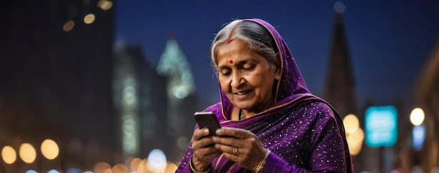 Elderly smiling Indian woman with purple tunic using mobile phone on city street at night