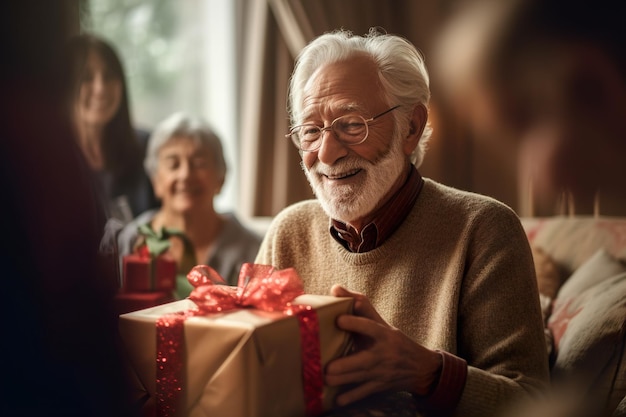 Elderly smiling person gets a birthday present generative ai