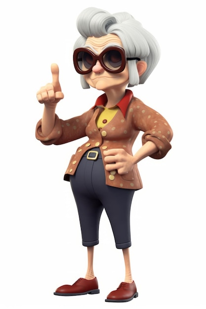 Photo elderly stylish animated character of a woman standing with her index finger raised