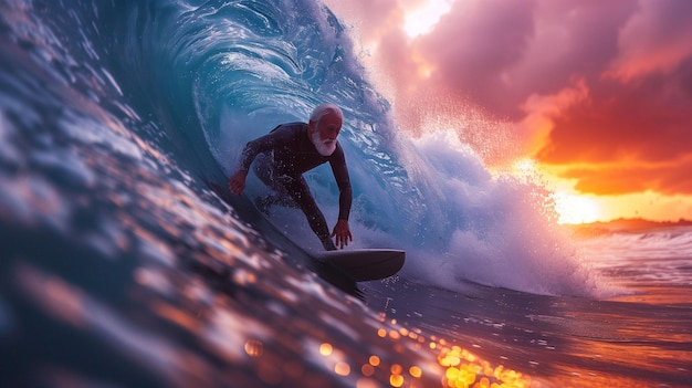 Foto surfista anziano che cavalca l'onda sulla tavola da surf ai generativa